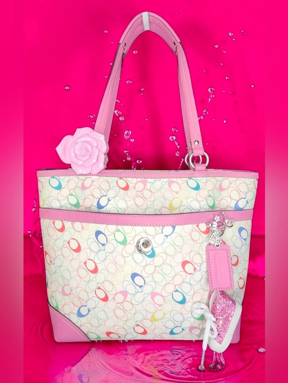 Vintage Y2K Coach Heritage Chelsea Pink Trim Multicolor Signature Tote F16874